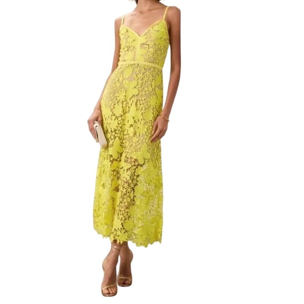 CATHERINE DEANE Peony Dress Midi Butterfly Floral Crochet Lace Yellow EUC 0